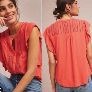 Anthropologie Maeve Kailana orange  eyelet flutter sleeve cotton top size medium